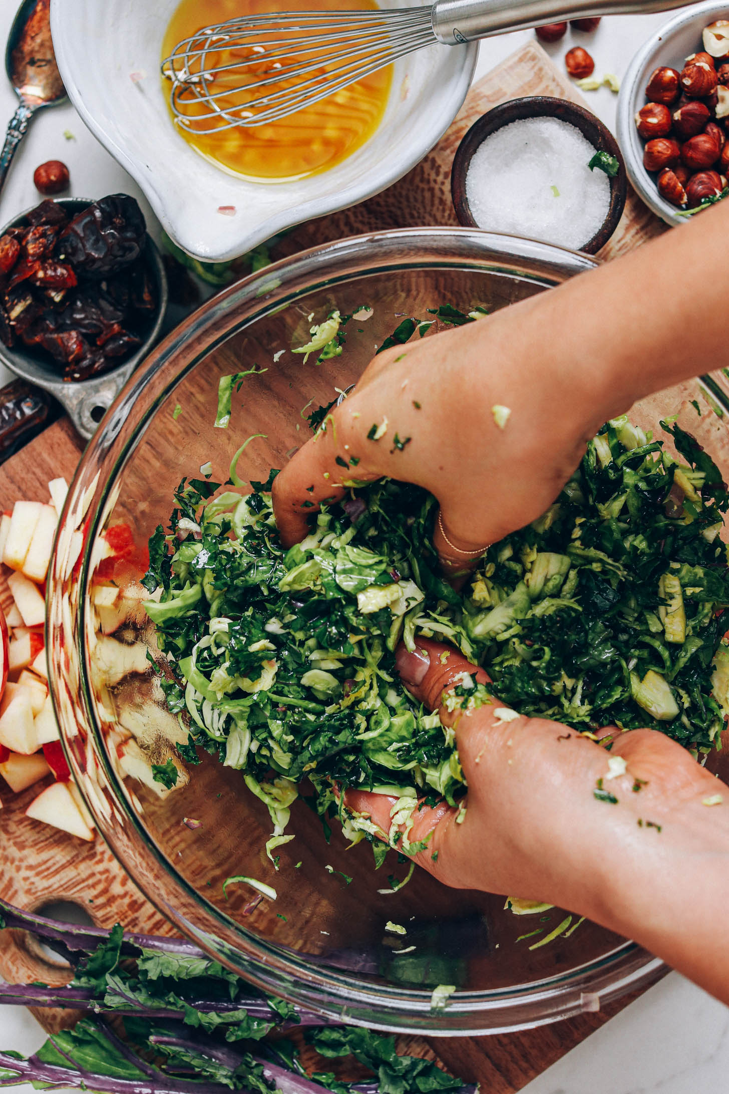 Massaging kale and Brussels sprouts to remove bitterness