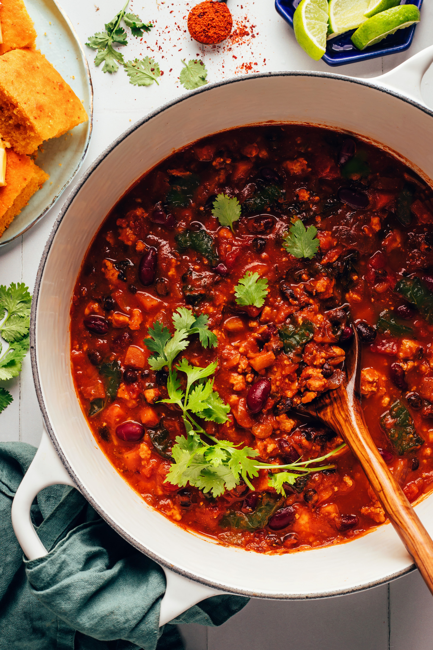 Overhead shot of a pot of pumpkin turkey chili