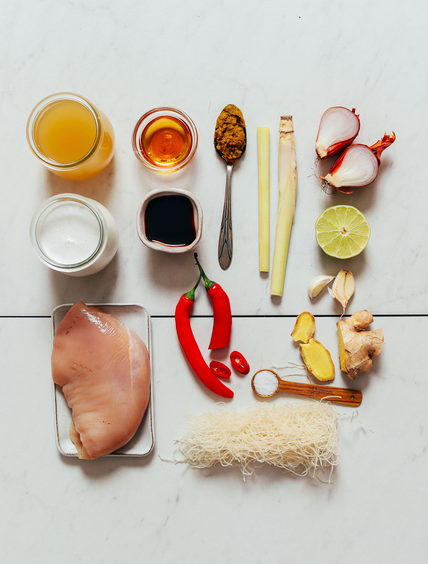 Shallot, lemongrass, ginger, garlic, and other ingredients for making our Thai-Inspired Chicken Noodle Soup recipe