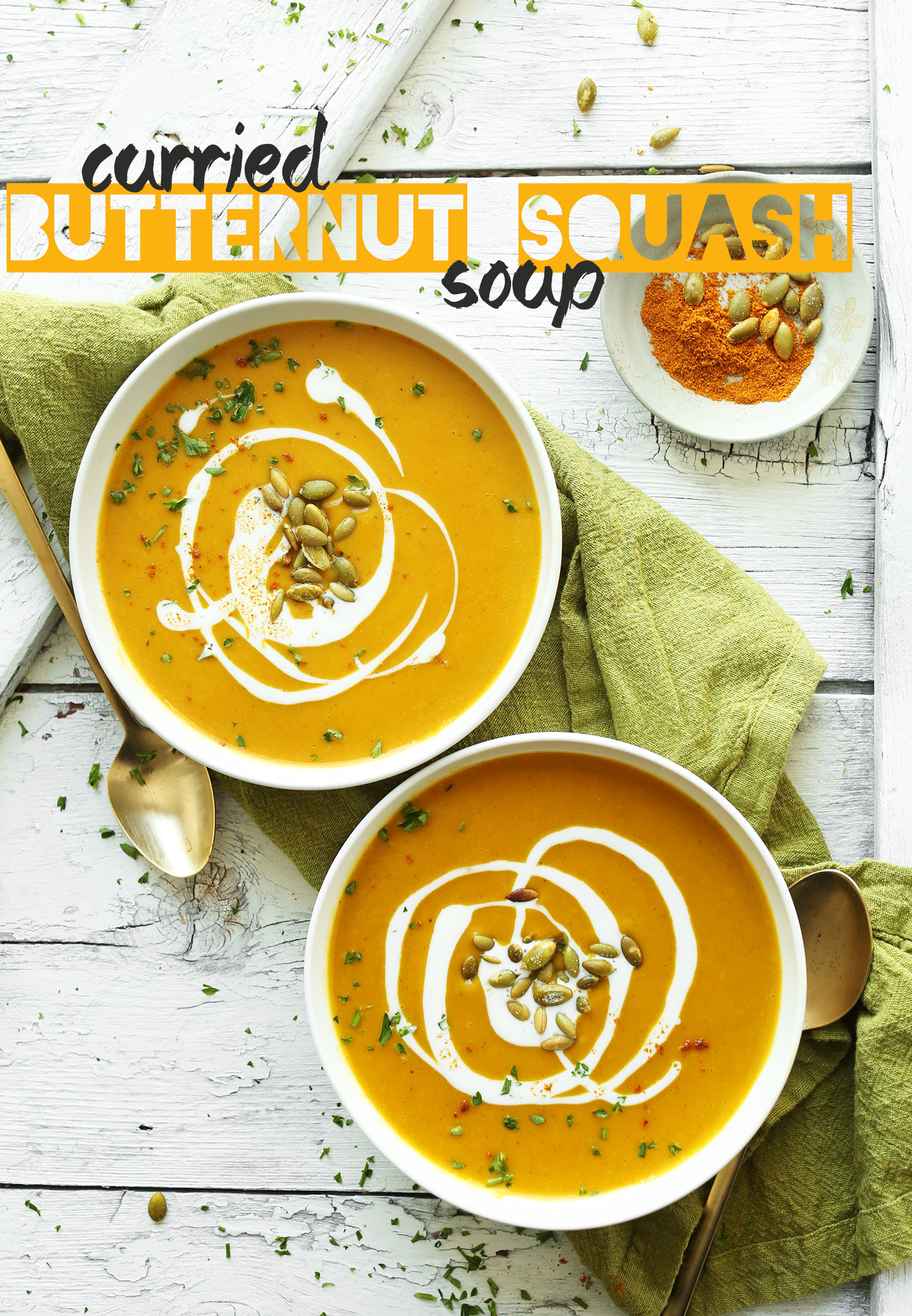 Bowls of our delicious Curried Butternut Squash Soup recipe perfect for fall