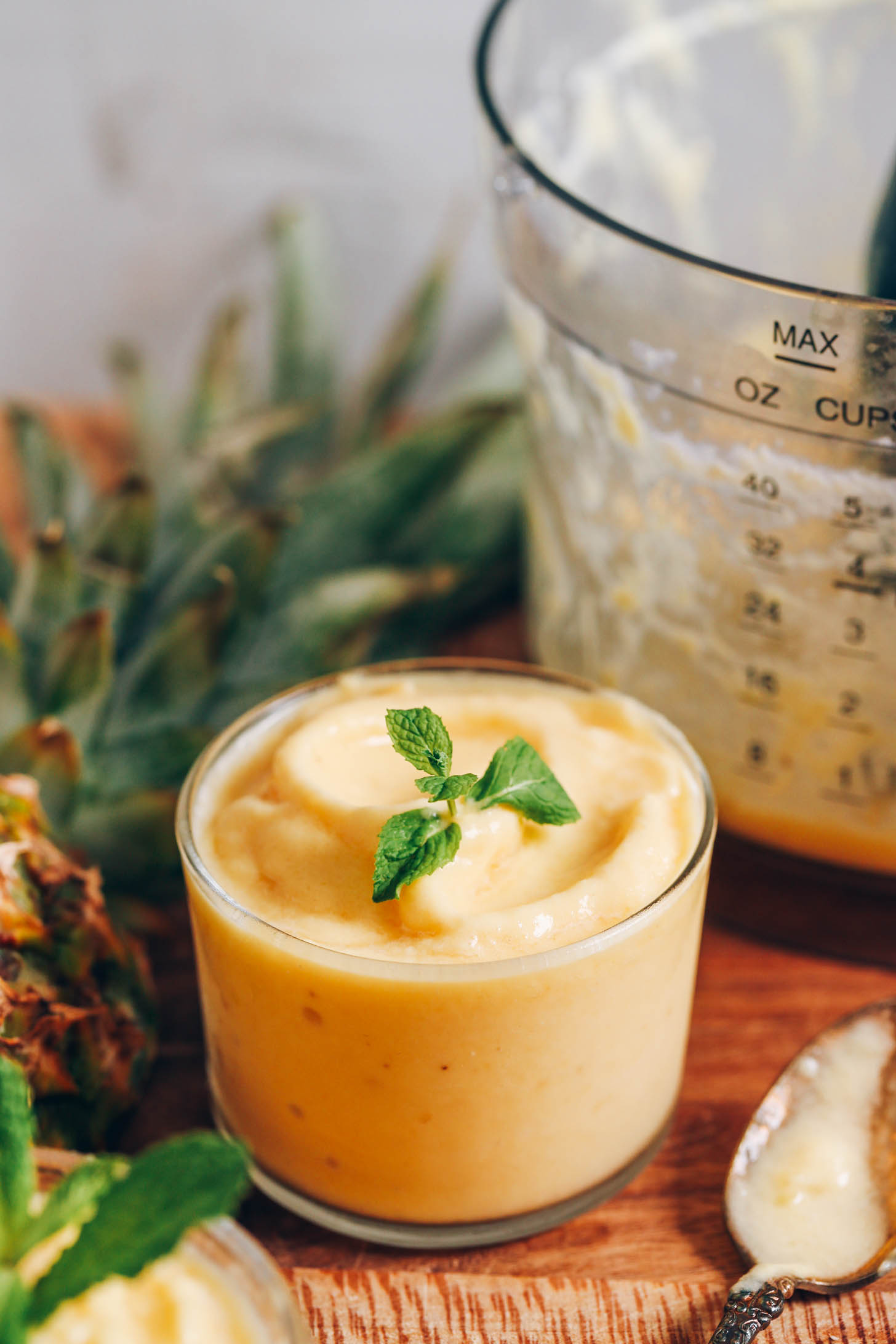 Jar of dole whip pineapple sorbet next to a food processor and pineapple