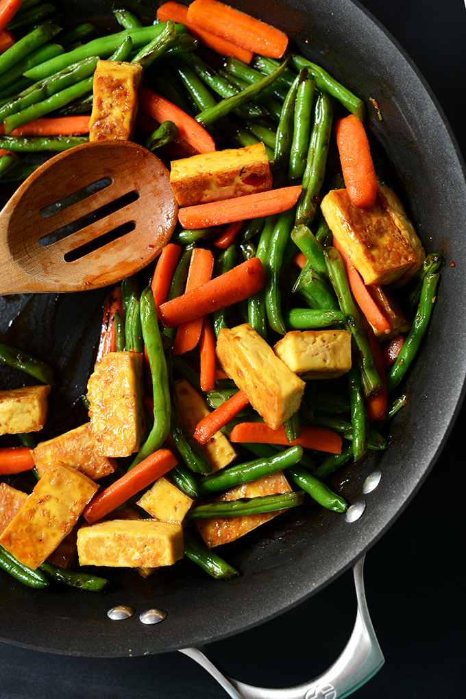 Skillet filled with Easy Tofu Stir-Fry with vegetables