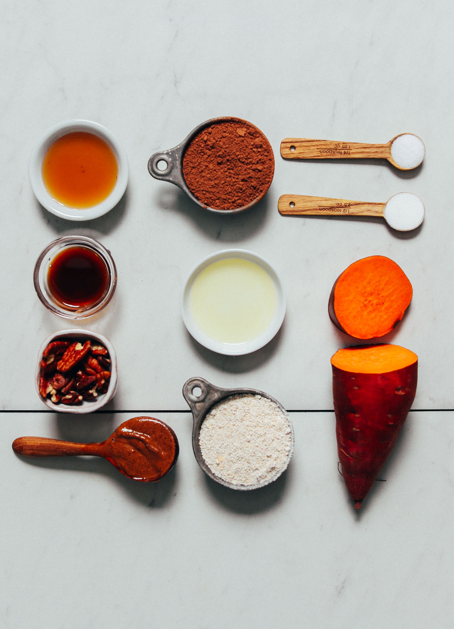 Coconut sugar, sweet potato, avocado oil, oat flour, and other ingredients for making our Fudgy Sweet Potato Brownies recipe