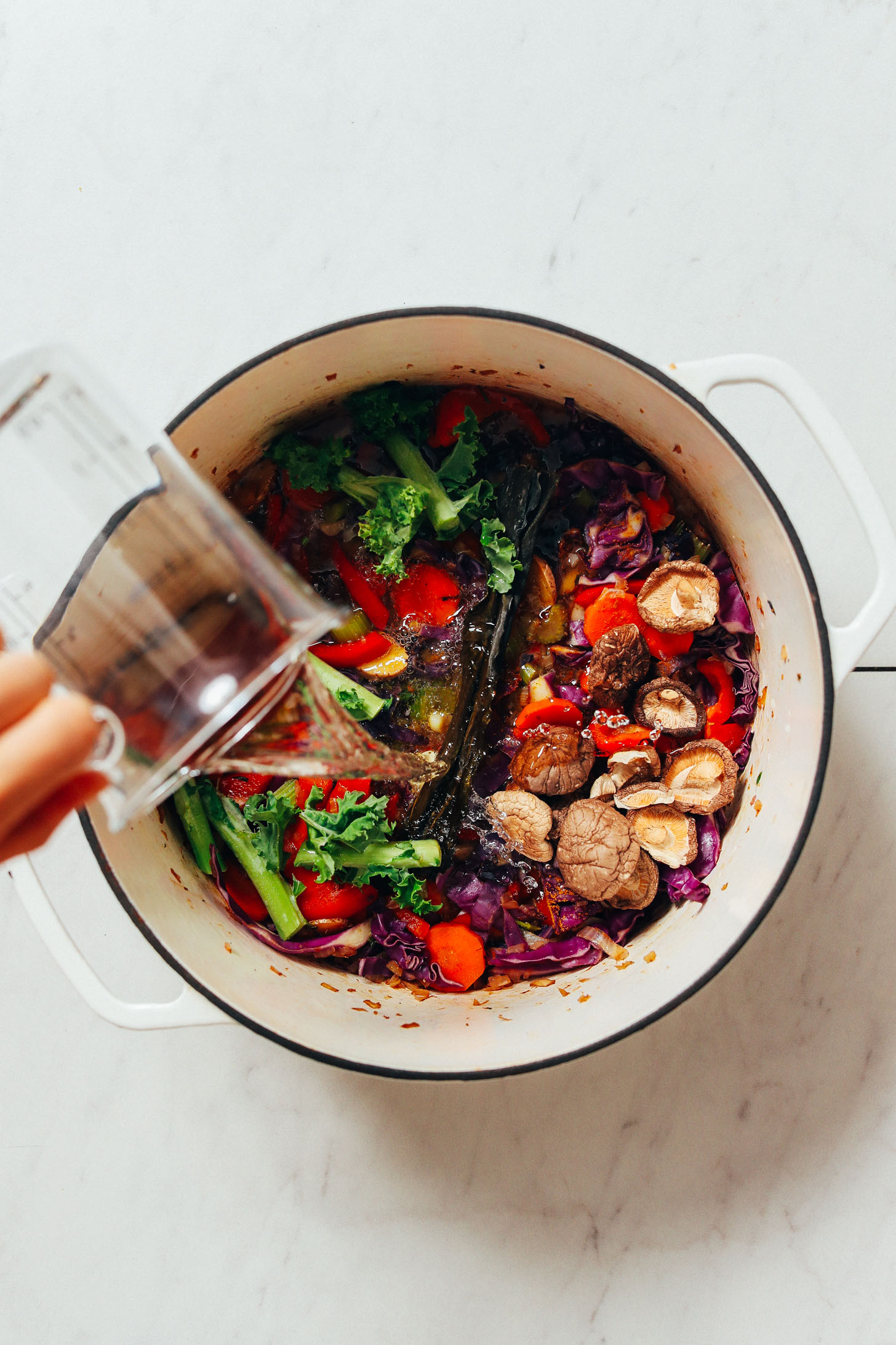 Pouring water into a pot of onion, garlic, ginger, celery, carrot, bell pepper, cabbage, and more