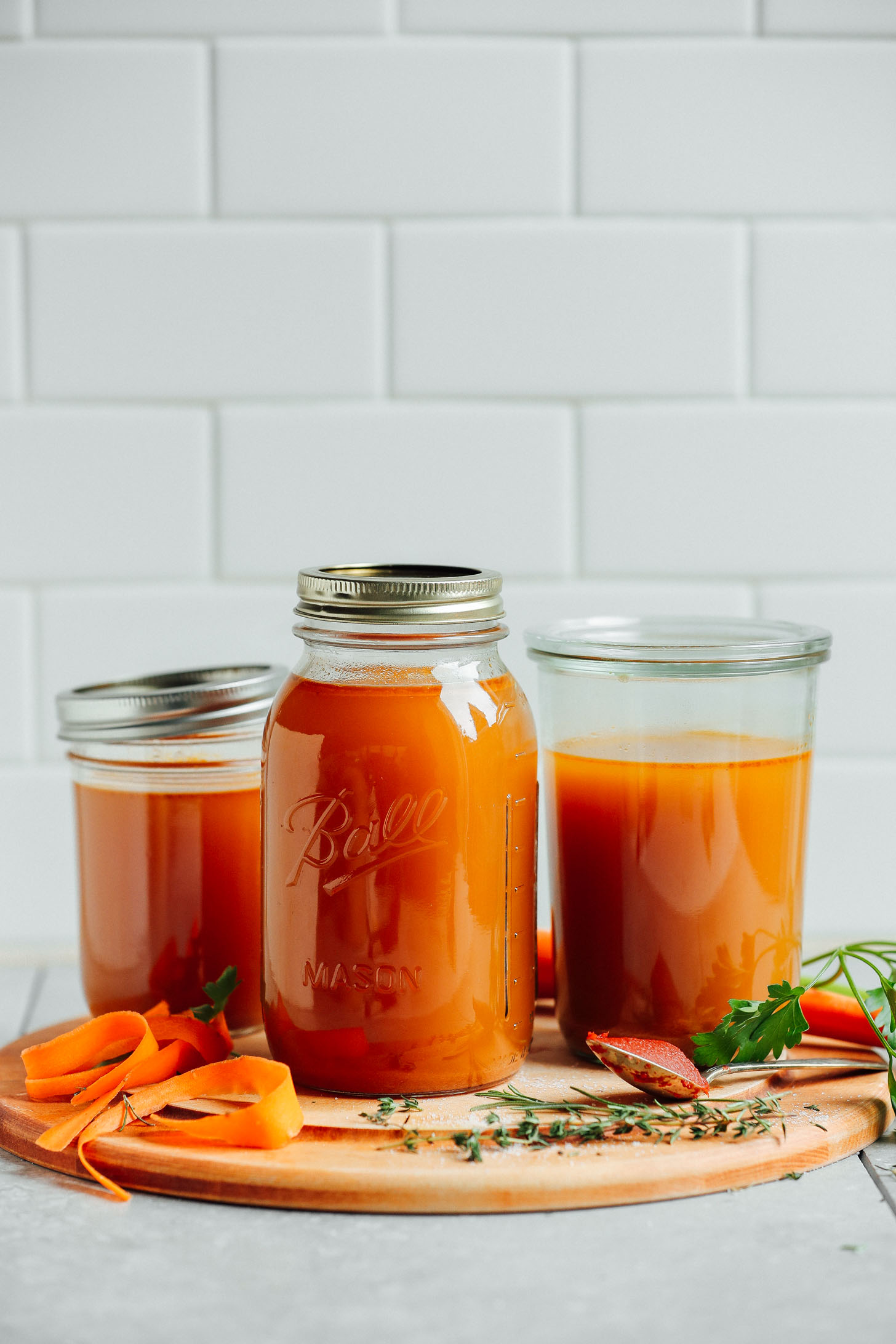 Close up shot showcasing the rich color of the BEST homemade vegetable broth