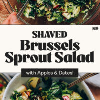 Photos of our Shaved Brussels Sprout Salad in a mixing bowl being tossed with dressing and in a serving bowl