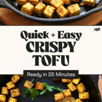 Cast iron skillet filled with our quick and easy crispy tofu tossed in curry powder