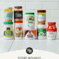 Jars of tahini with text beneath them saying Store Bought Tahini Product Review