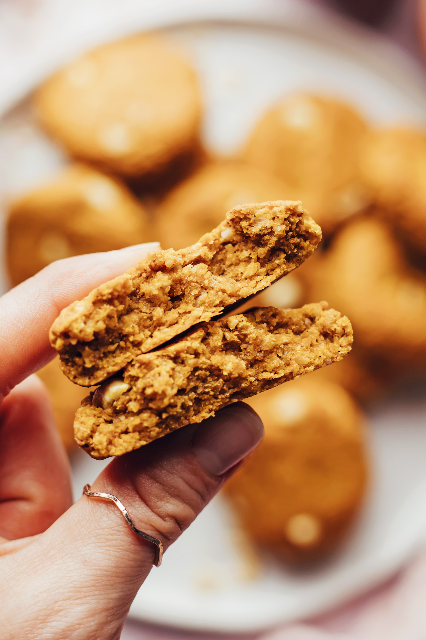 Close up shot of hands holding up a pumpkin peanut butter breakfast cookie